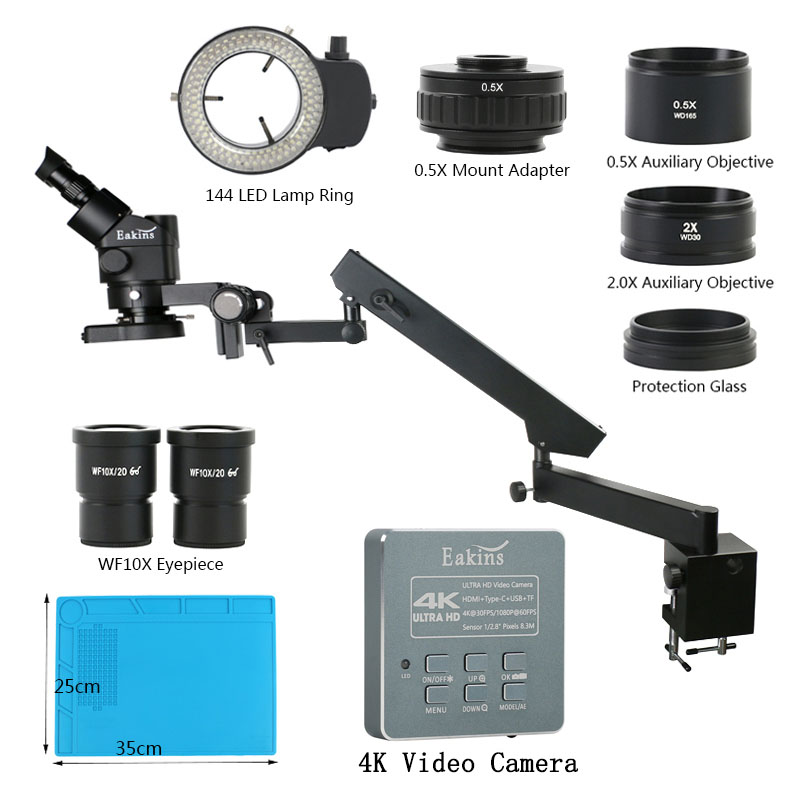 Simul-Focal Industrial Microscope 4K Hdmi - 3,5X 90XArticulating Arm Pillar Clamp Zoom